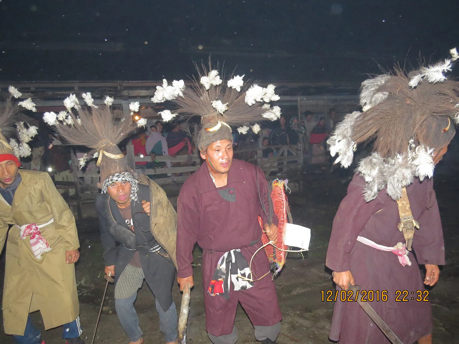 Adi performers in ceremonial feathered headdress during a festival dance in Arunachal Pradesh