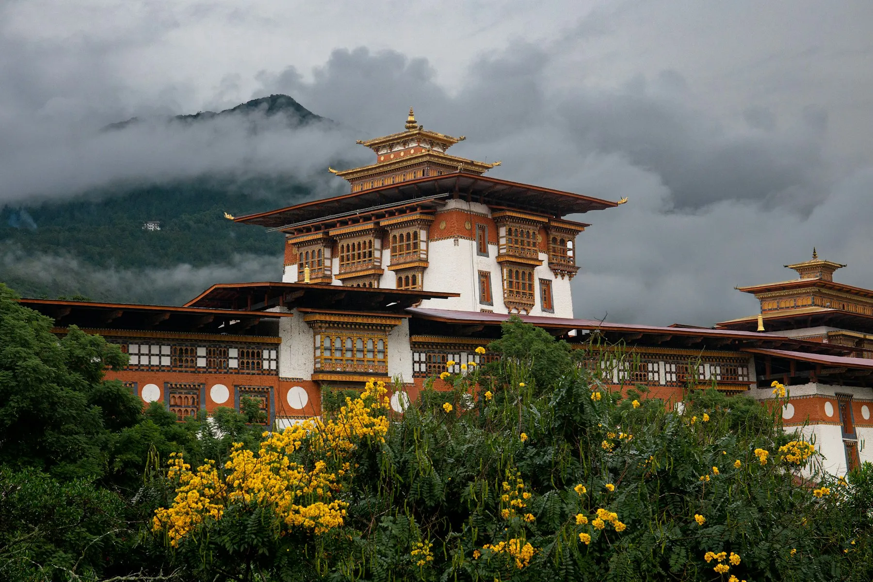 Punakha Dzong rising at the confluence of two rivers in Bhutan