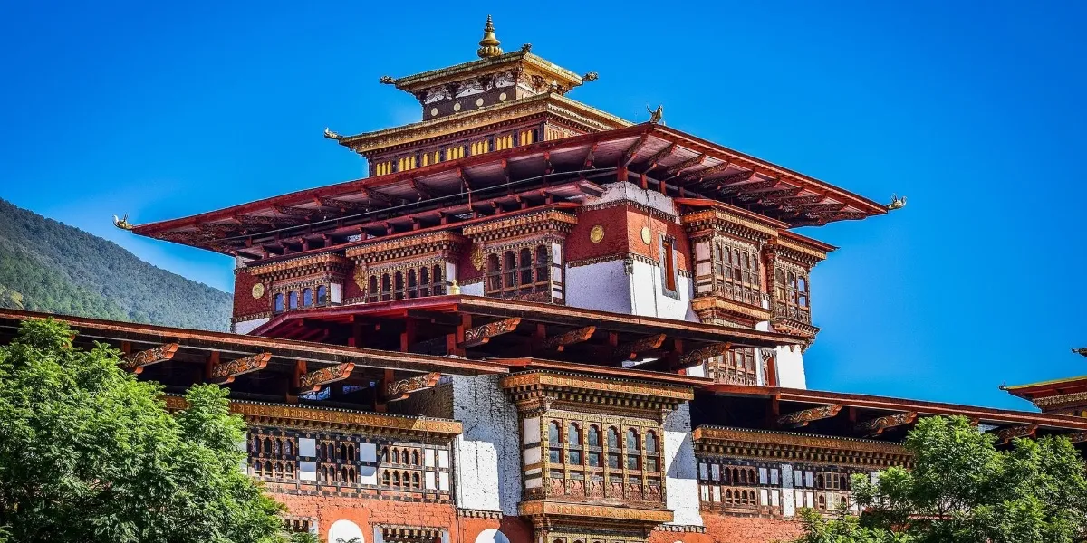 Punakha Dzong rising at the confluence of two rivers in Bhutan