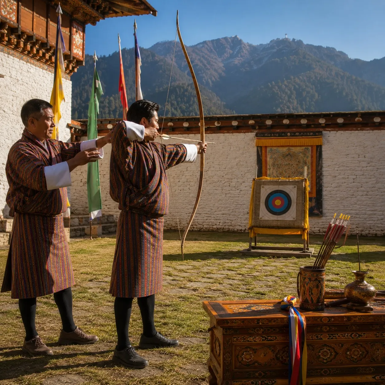 A Bhutanese archer drawing a traditional bow at a village range