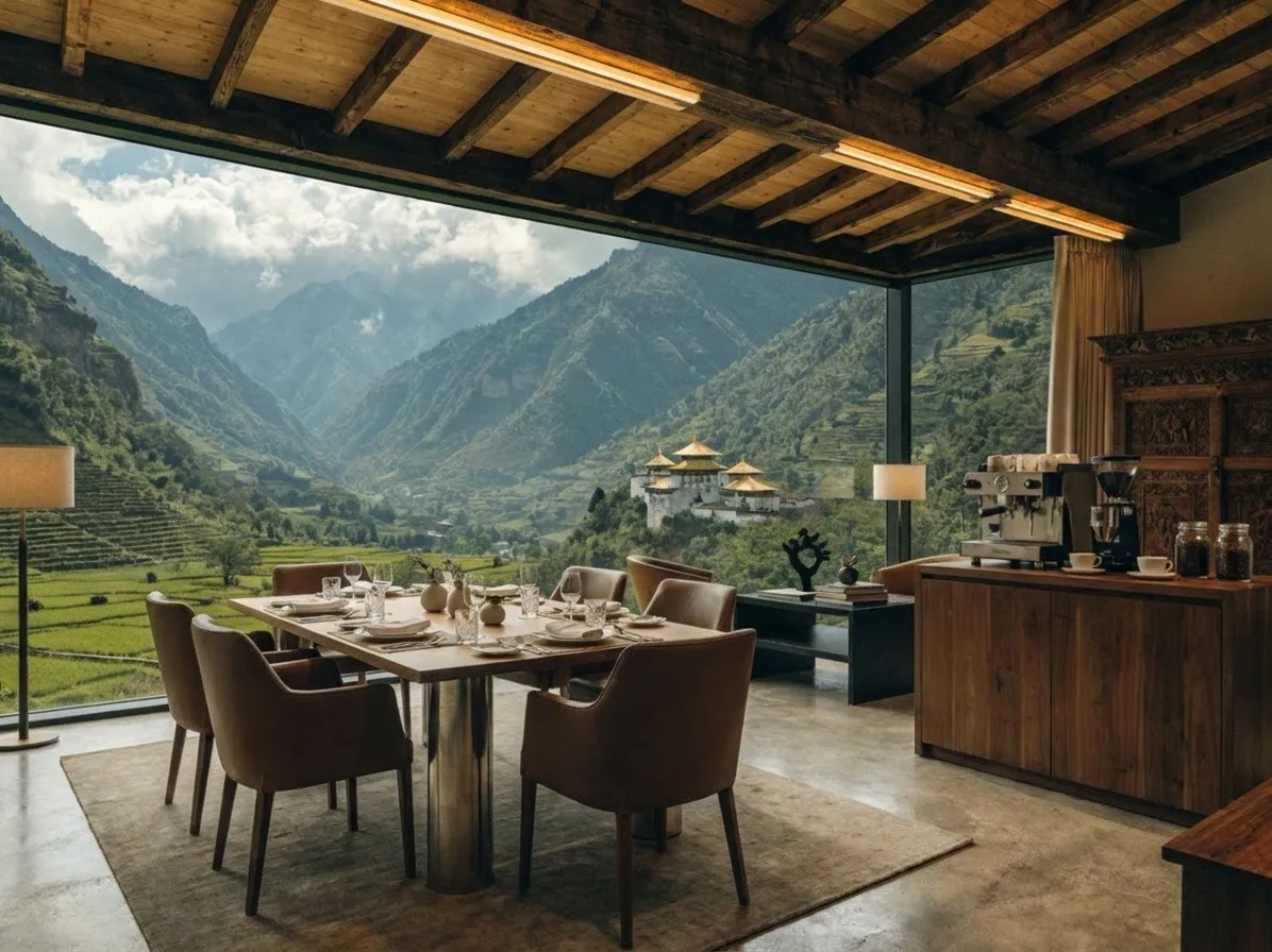 A meeting table set in a lodge opening onto a Himalayan valley and a distant dzong