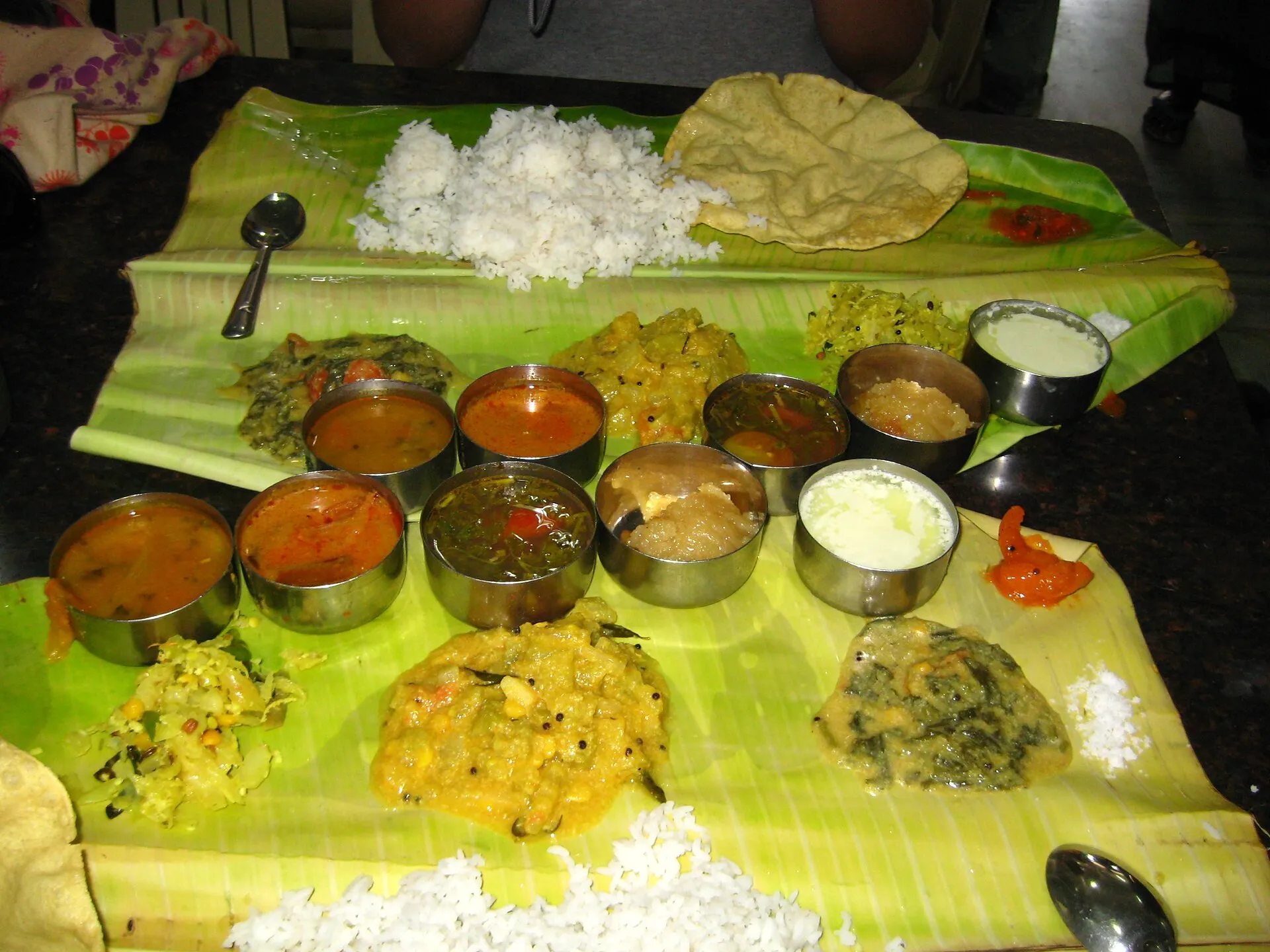 A South Indian thali of rice and curries served on a banana leaf