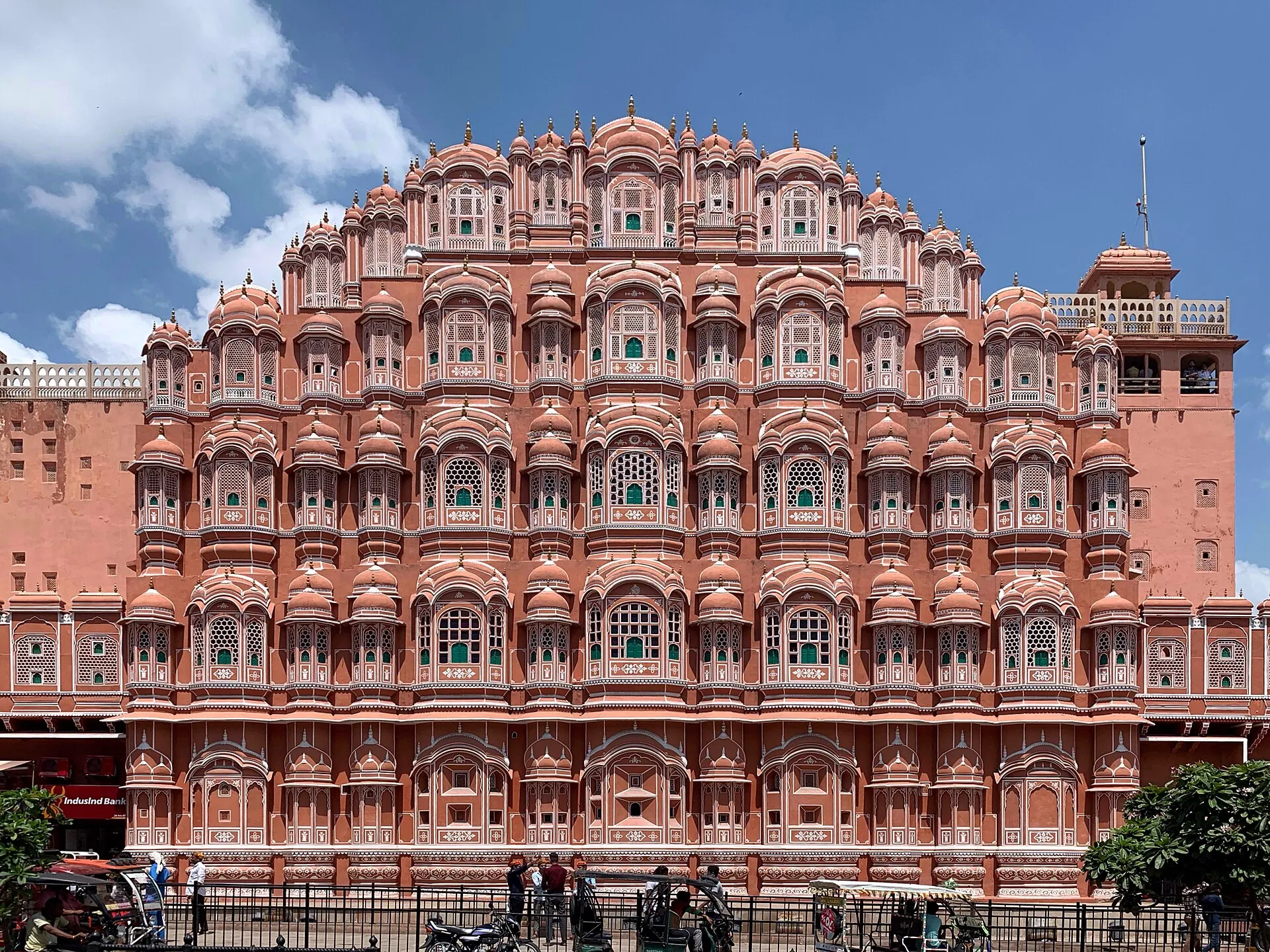 The pink sandstone facade of the Hawa Mahal in Jaipur, Rajasthan