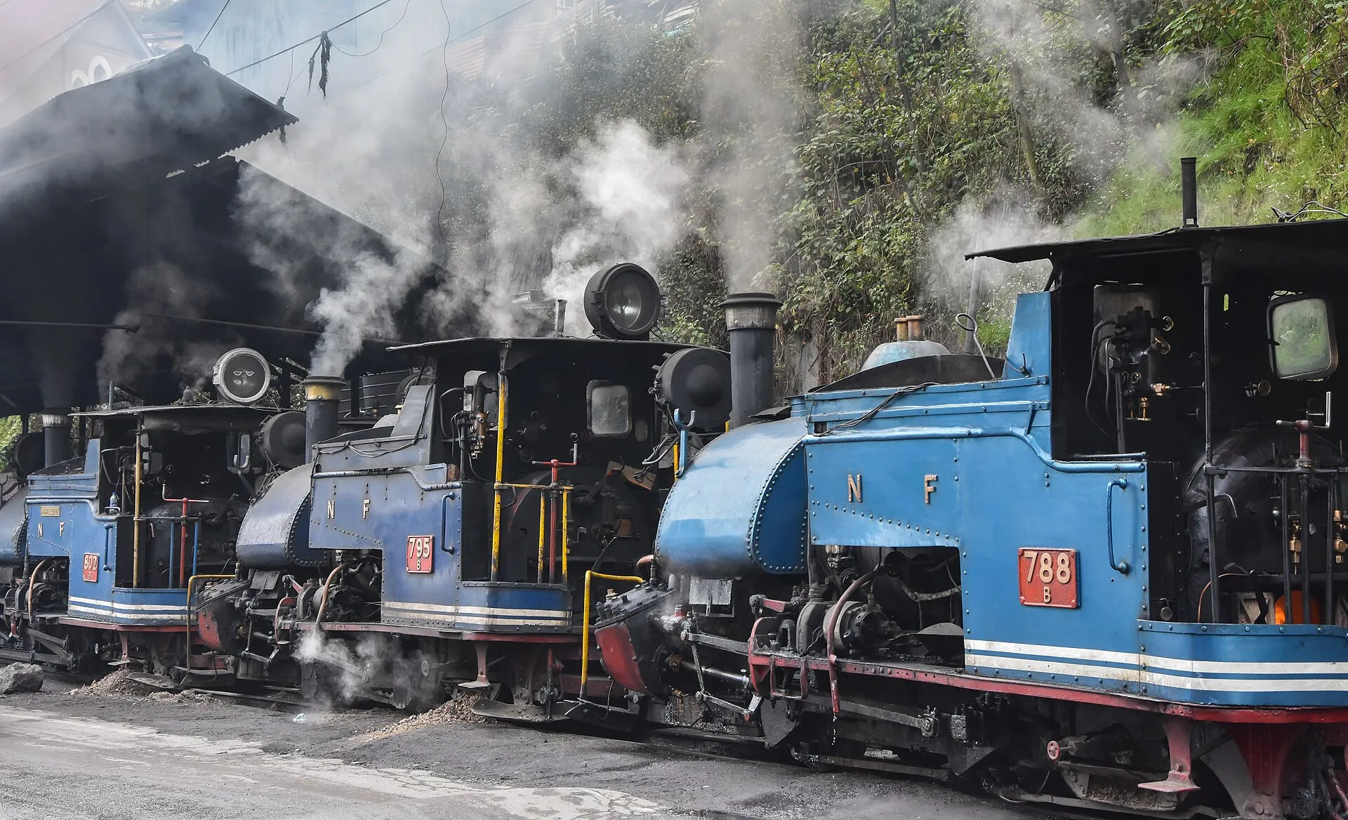 Blue steam toy-train locomotives raising steam at the Darjeeling Himalayan Railway