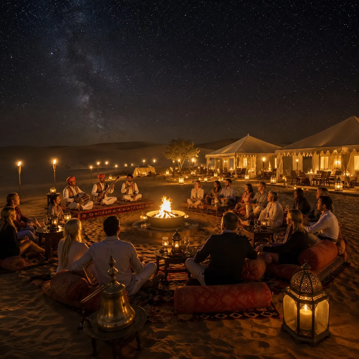 A private desert camp pitched on the dunes at dusk