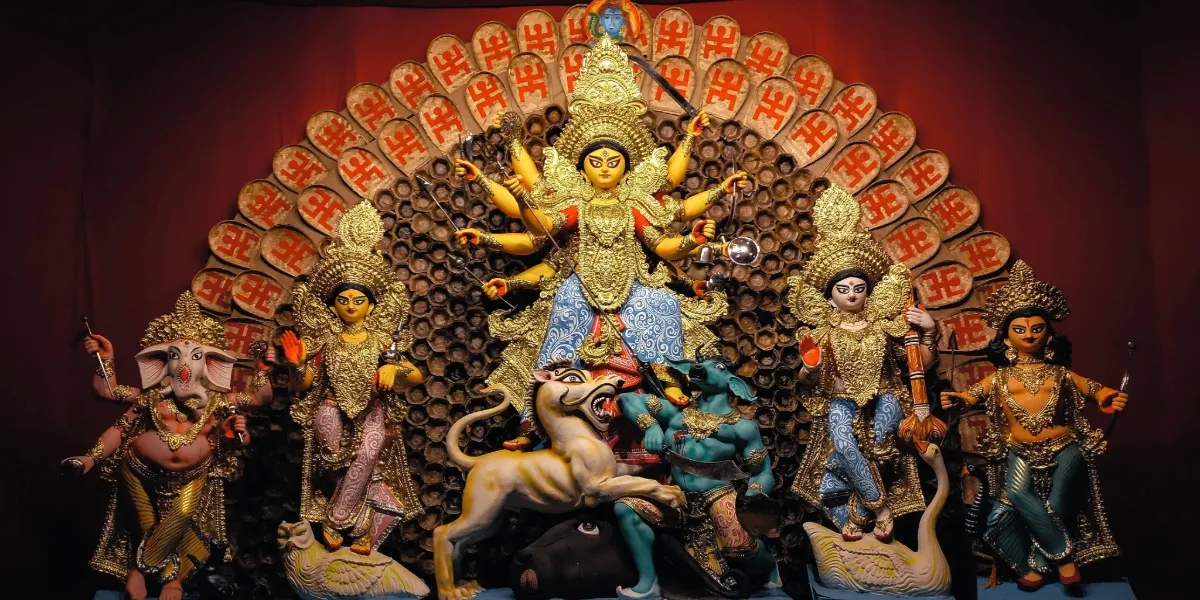 An elaborately decorated Durga Puja pandal in Kolkata