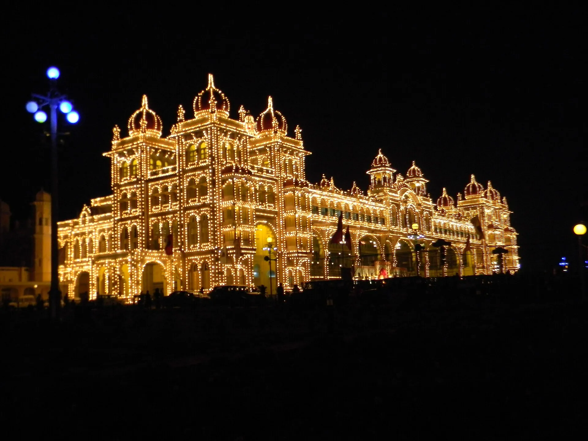 The Mysore Palace lit with thousands of lights during the Dussehra illumination