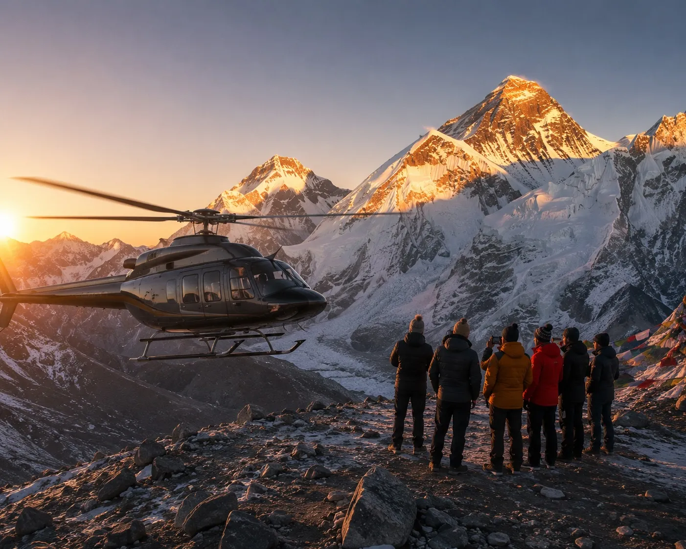A helicopter above the high peaks of the Everest region at dawn