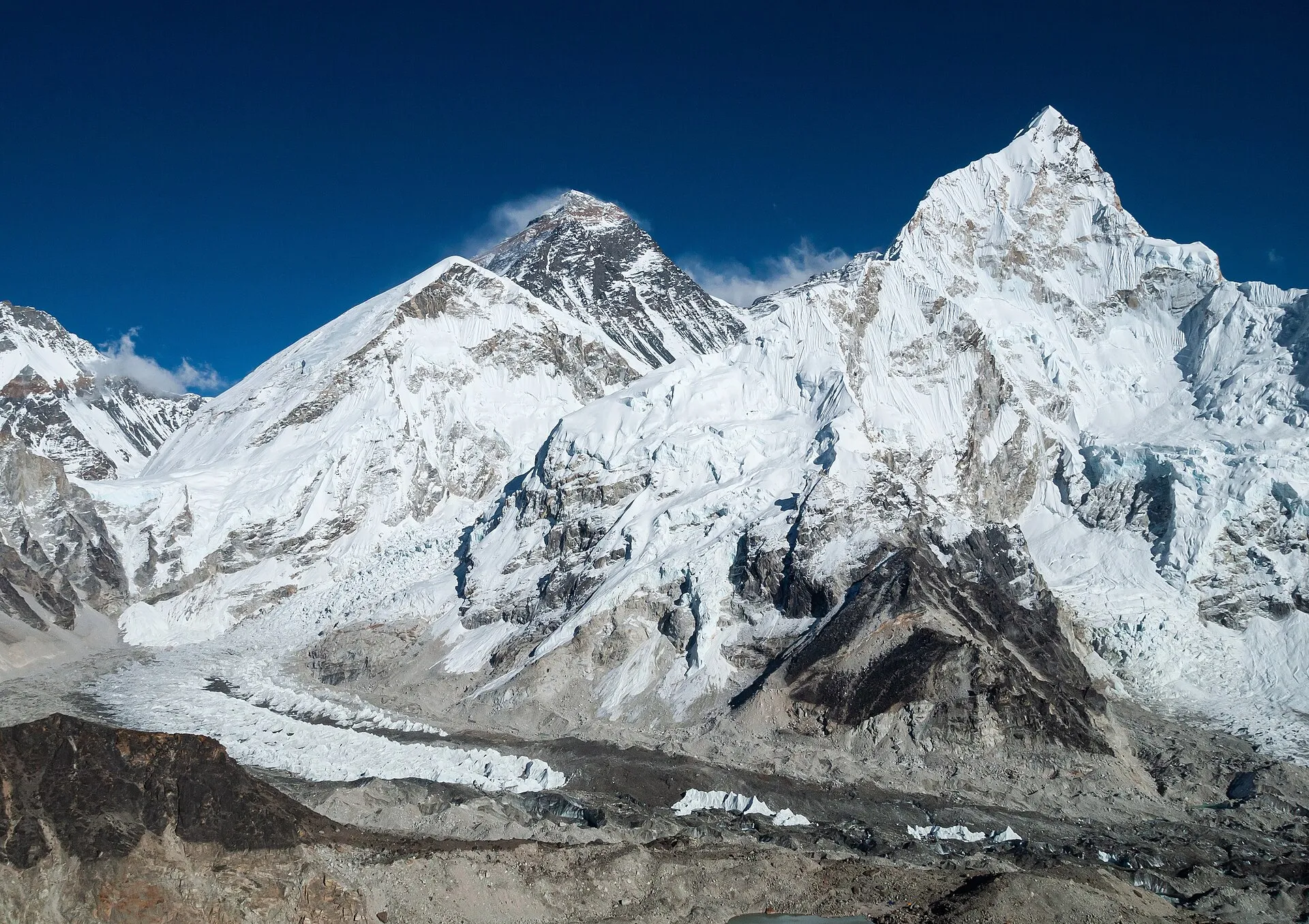 Everest and Nuptse rising above the Khumbu Glacier in the Nepal Himalayas