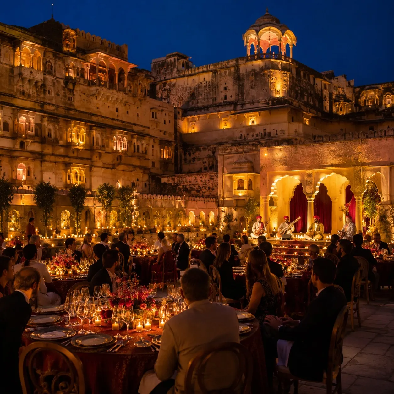A candlelit gala dinner laid out within a Rajasthan fort courtyard
