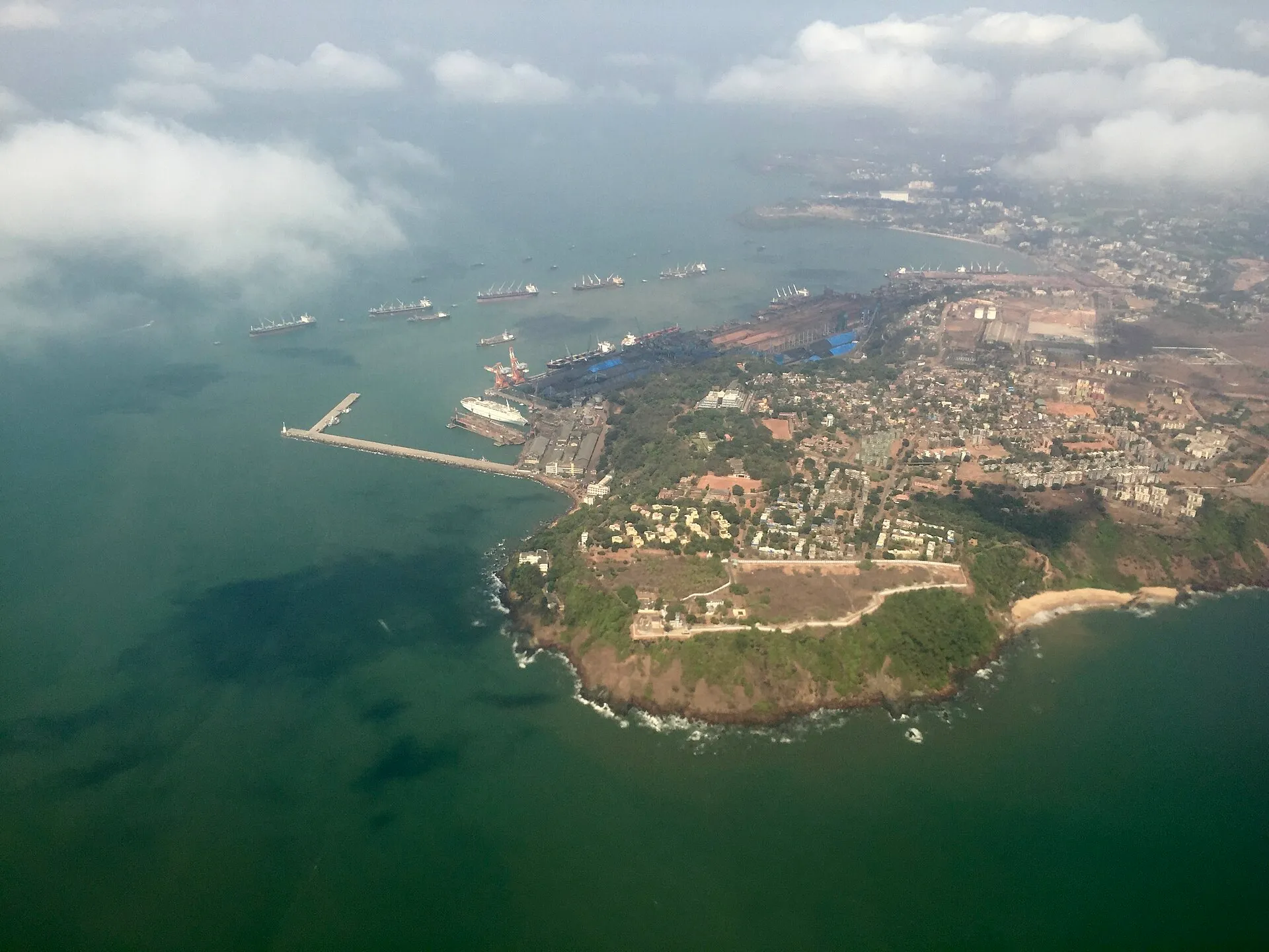 An aerial view of ships berthed at Mormugao Harbour in Goa