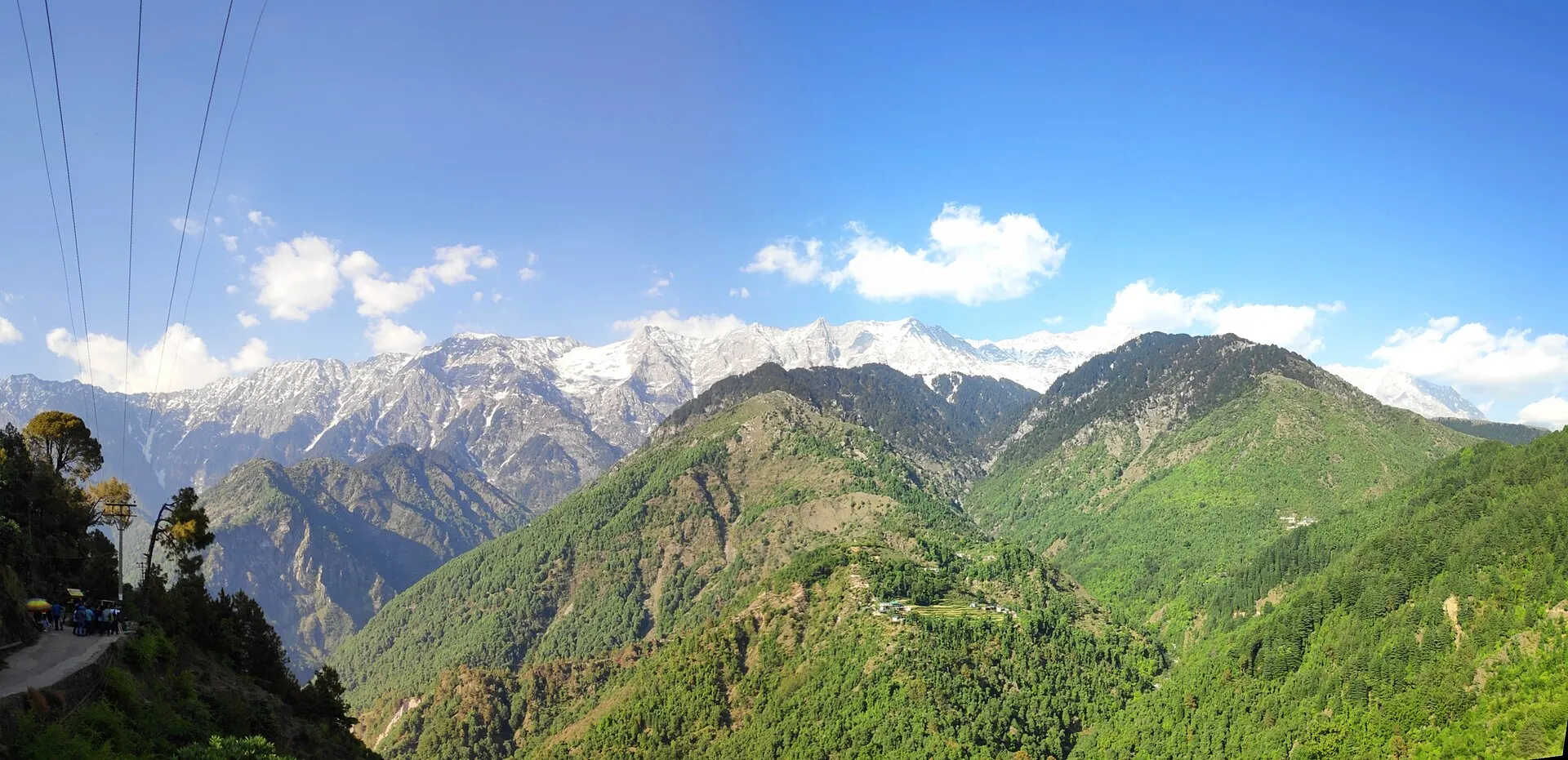 The snow-capped Dhauladhar range seen from the Naddi viewpoint near Dharamshala, Himachal Pradesh