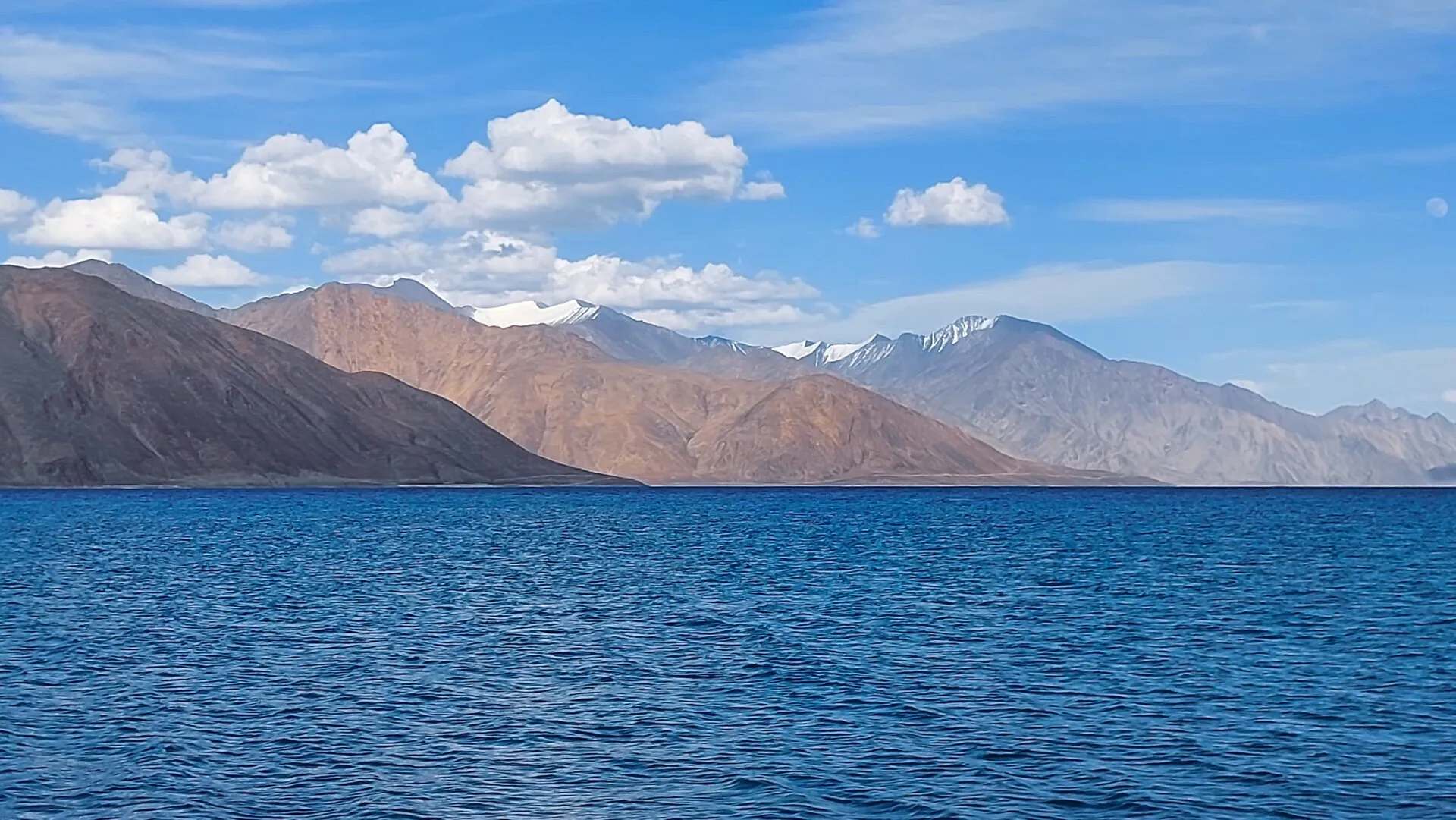 The deep-blue waters of Pangong Lake set among the barren mountains of Ladakh