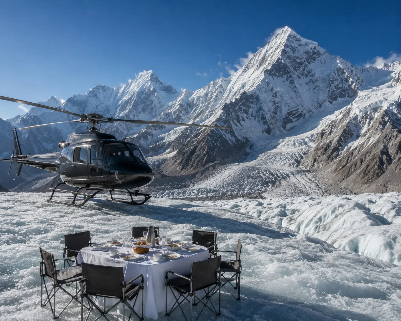 A helicopter landed on a Himalayan glacier surrounded by snow and rock