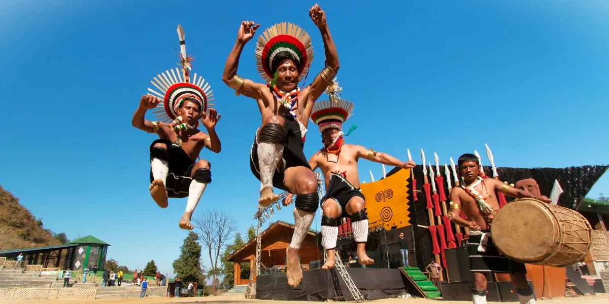 Naga tribal performers in ceremonial dress at the Hornbill Festival in Nagaland