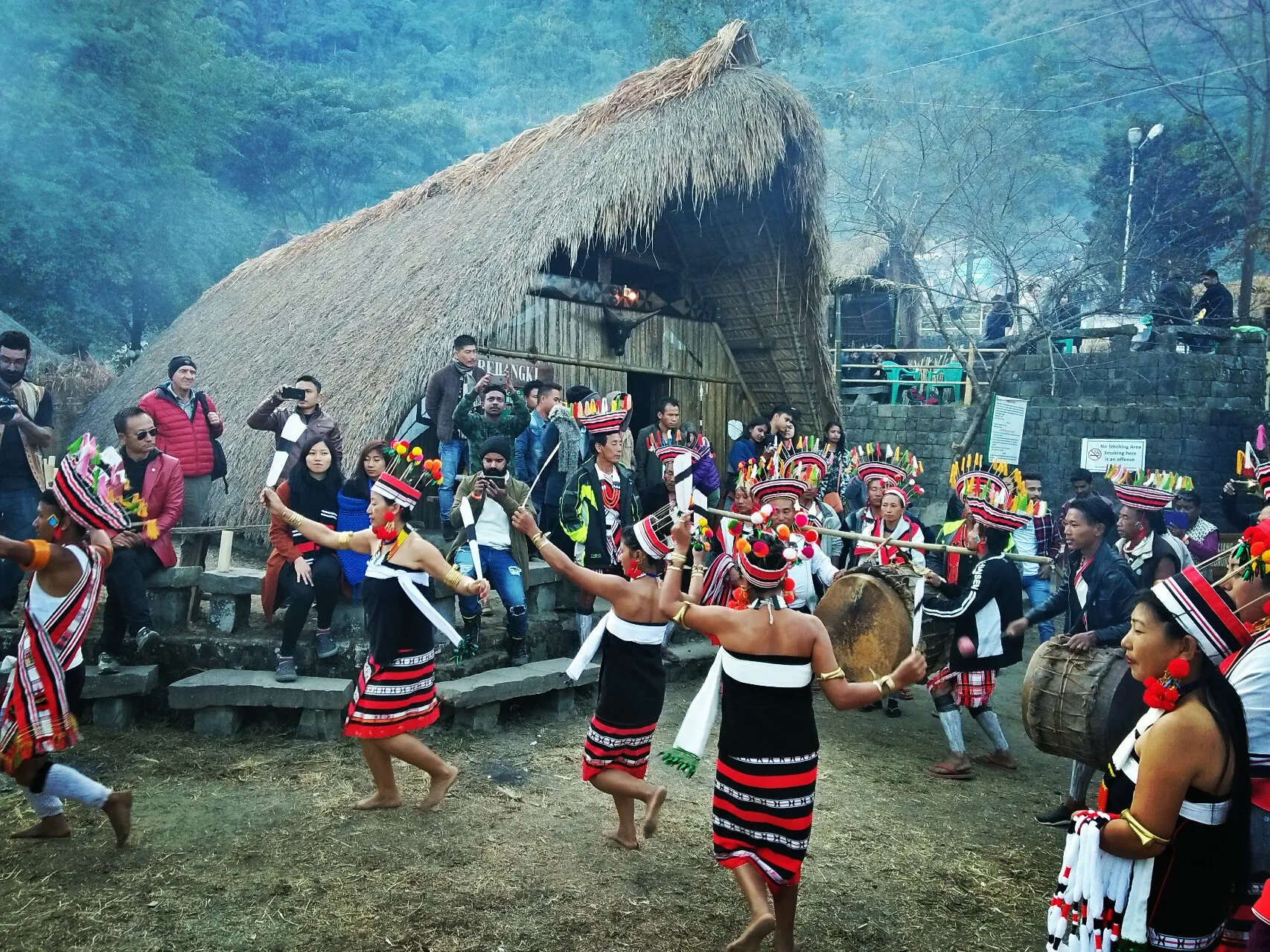 Naga tribal performers in ceremonial dress at the Hornbill Festival in Nagaland
