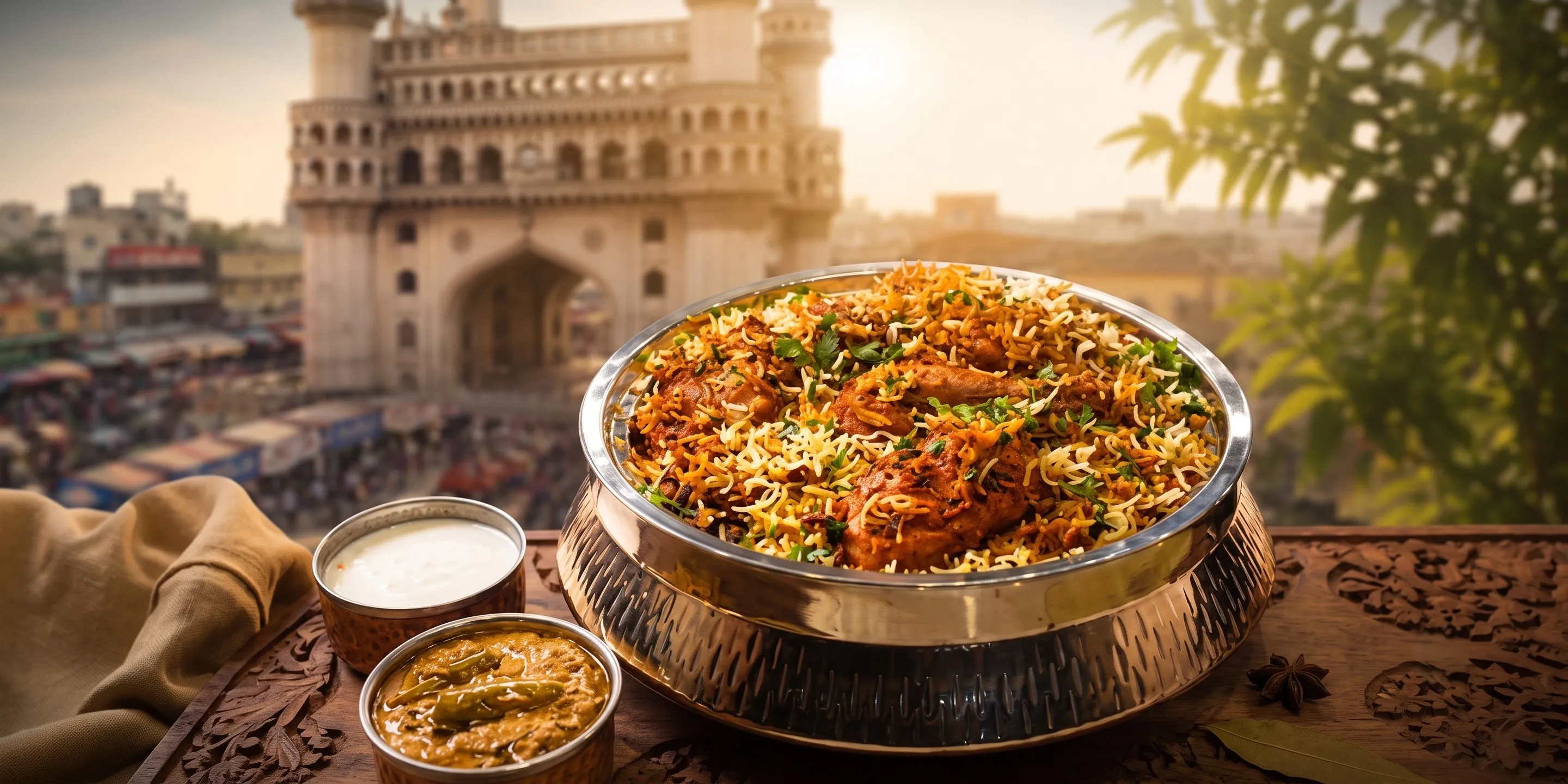 A handi of Hyderabadi chicken biryani layered with saffron rice