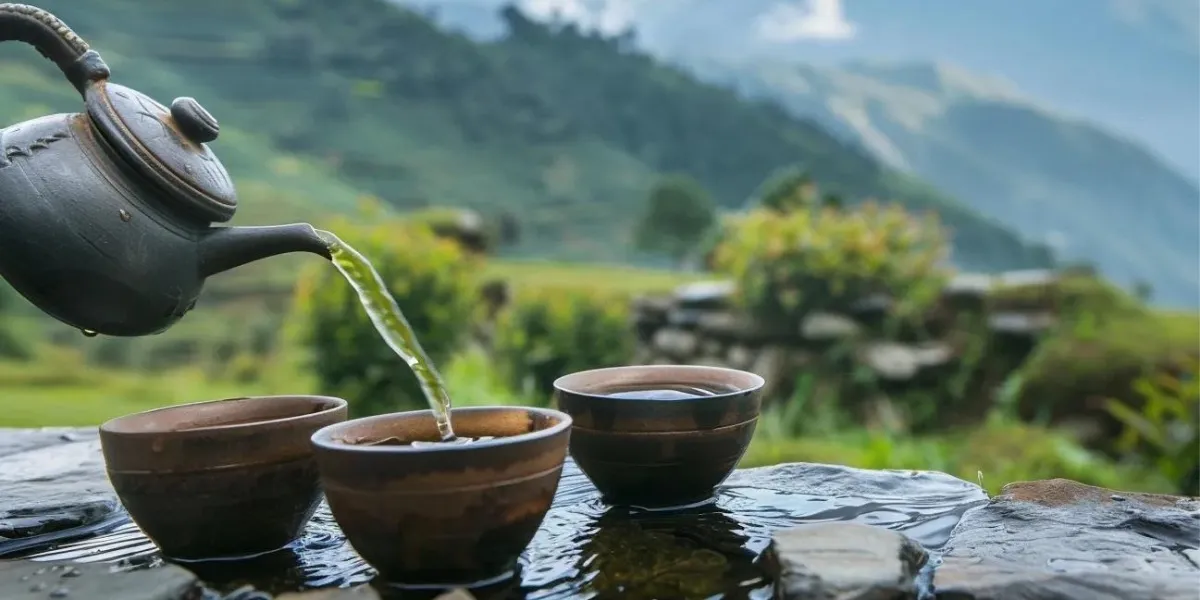 Tea gardens cascading across the eastern Nepali hills of Ilam