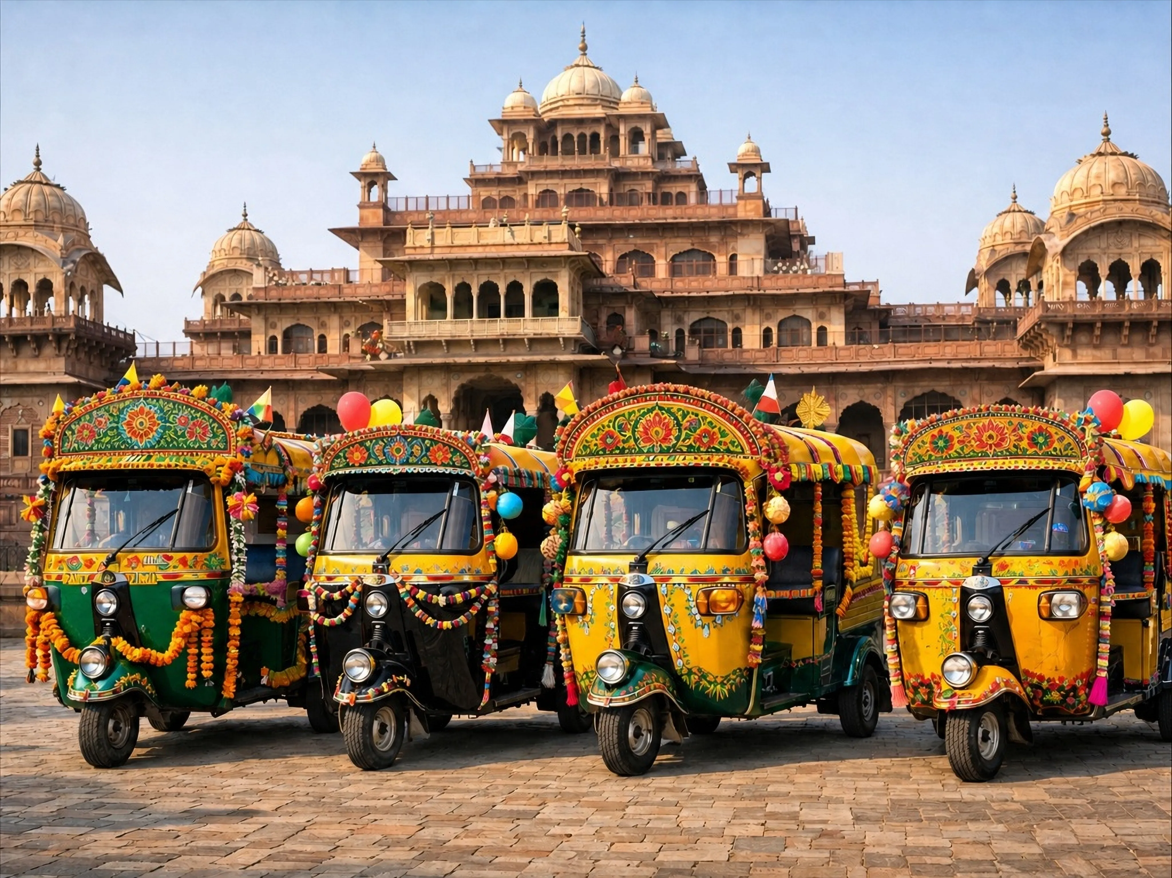 A line of garlanded auto-rickshaws waiting outside the Albert Hall Museum in Jaipur