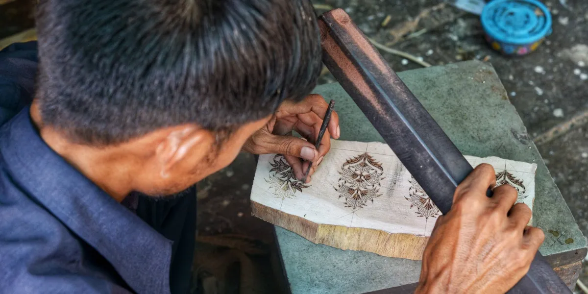 Hand block-printing of textiles in a Jaipur workshop, Rajasthan