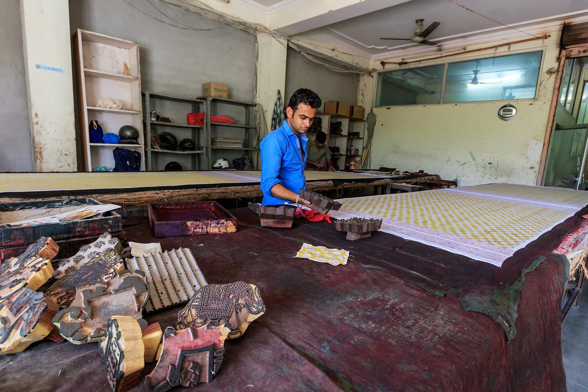 Hand block-printing of textiles in a Jaipur workshop, Rajasthan
