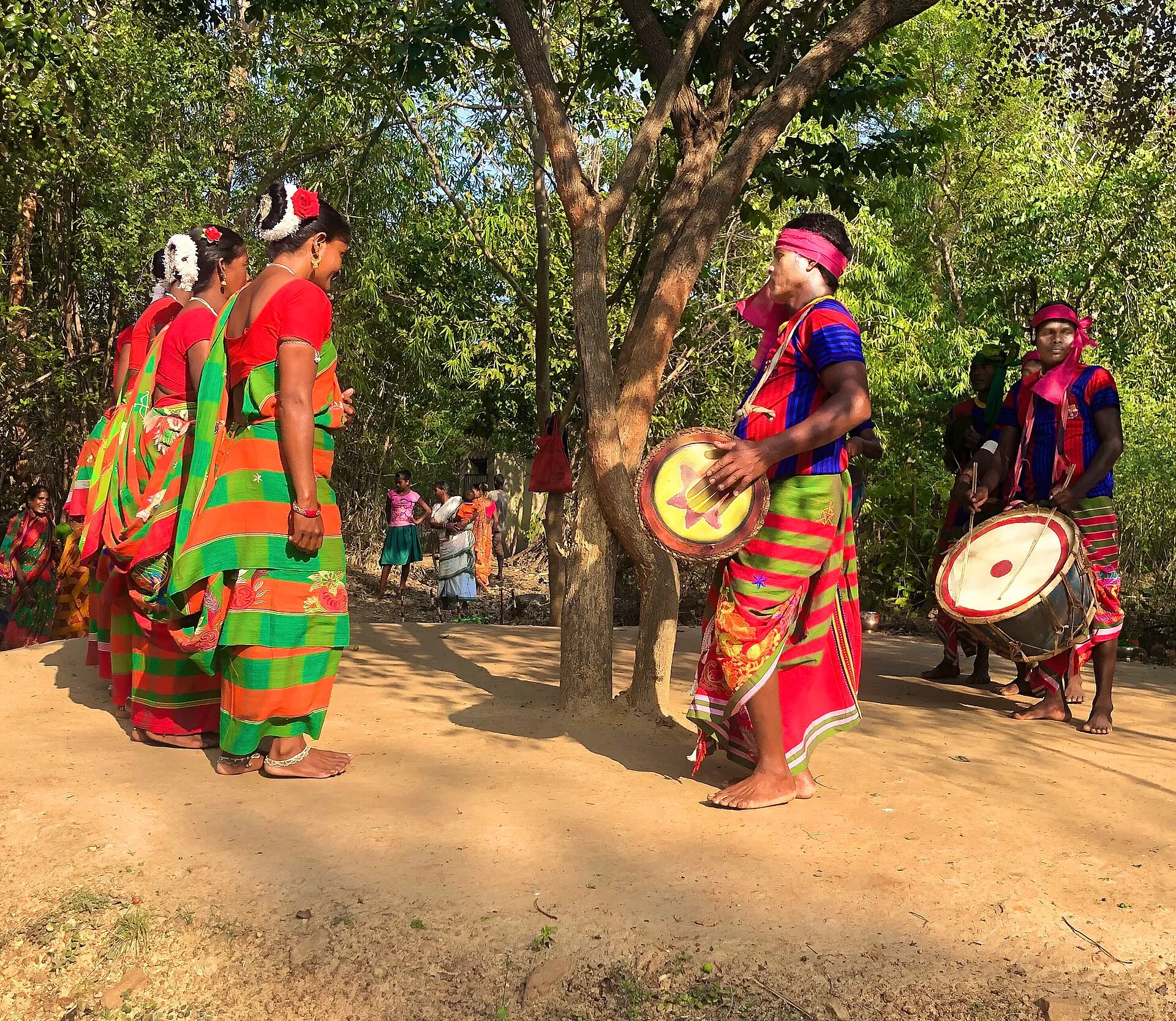 Santhal dancers and drummers in striped ceremonial dress at the Baha Porob festival in Jharkhand
