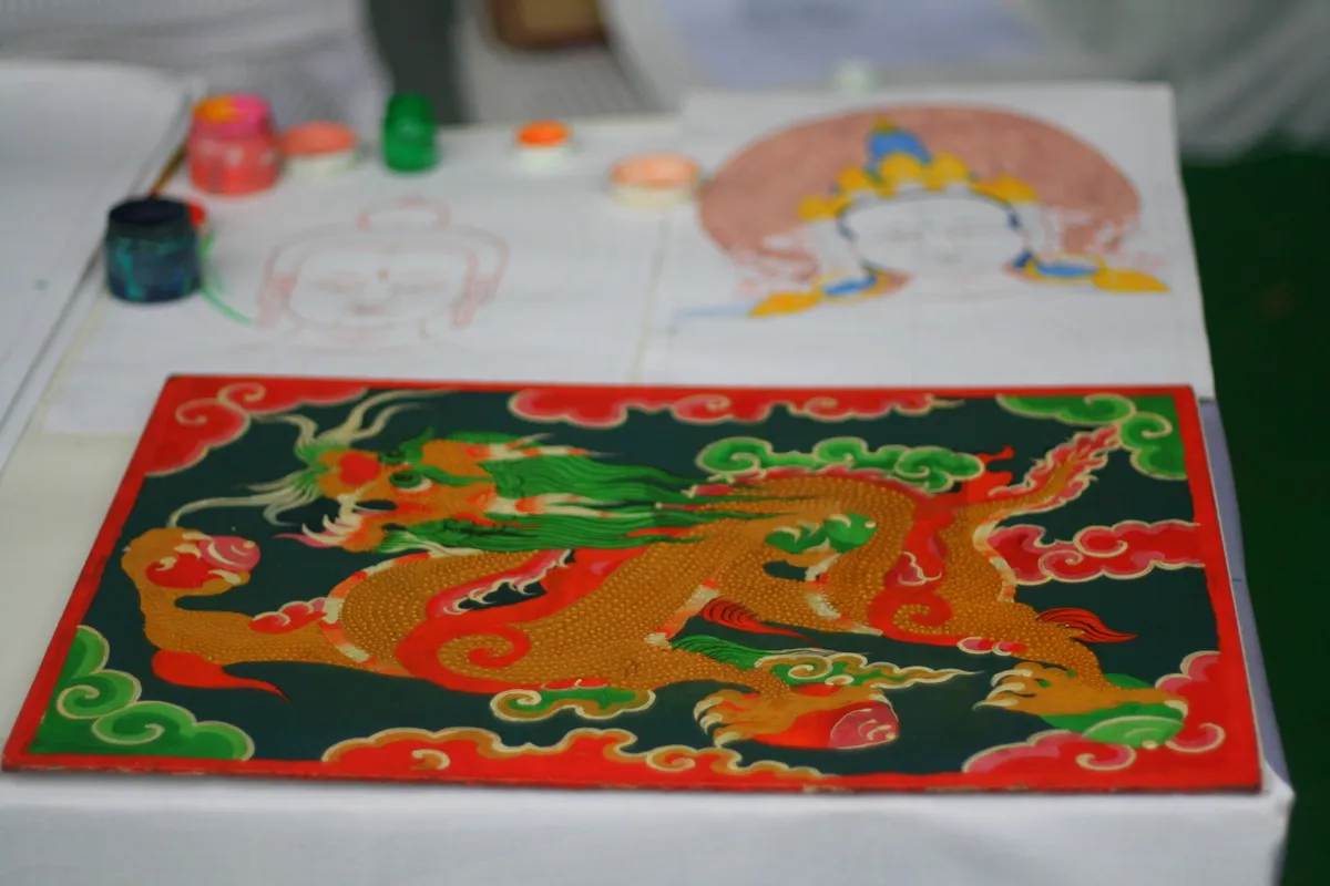 A thangka being hand-painted in the making, Kathmandu Valley tradition