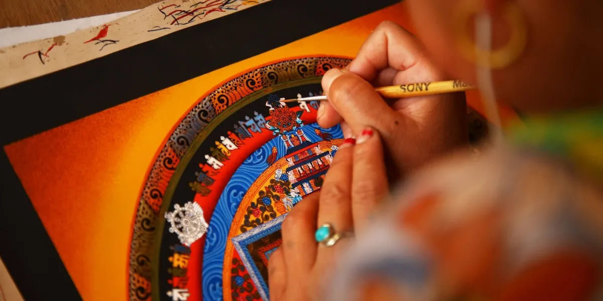 A thangka being hand-painted in the making, Kathmandu Valley tradition