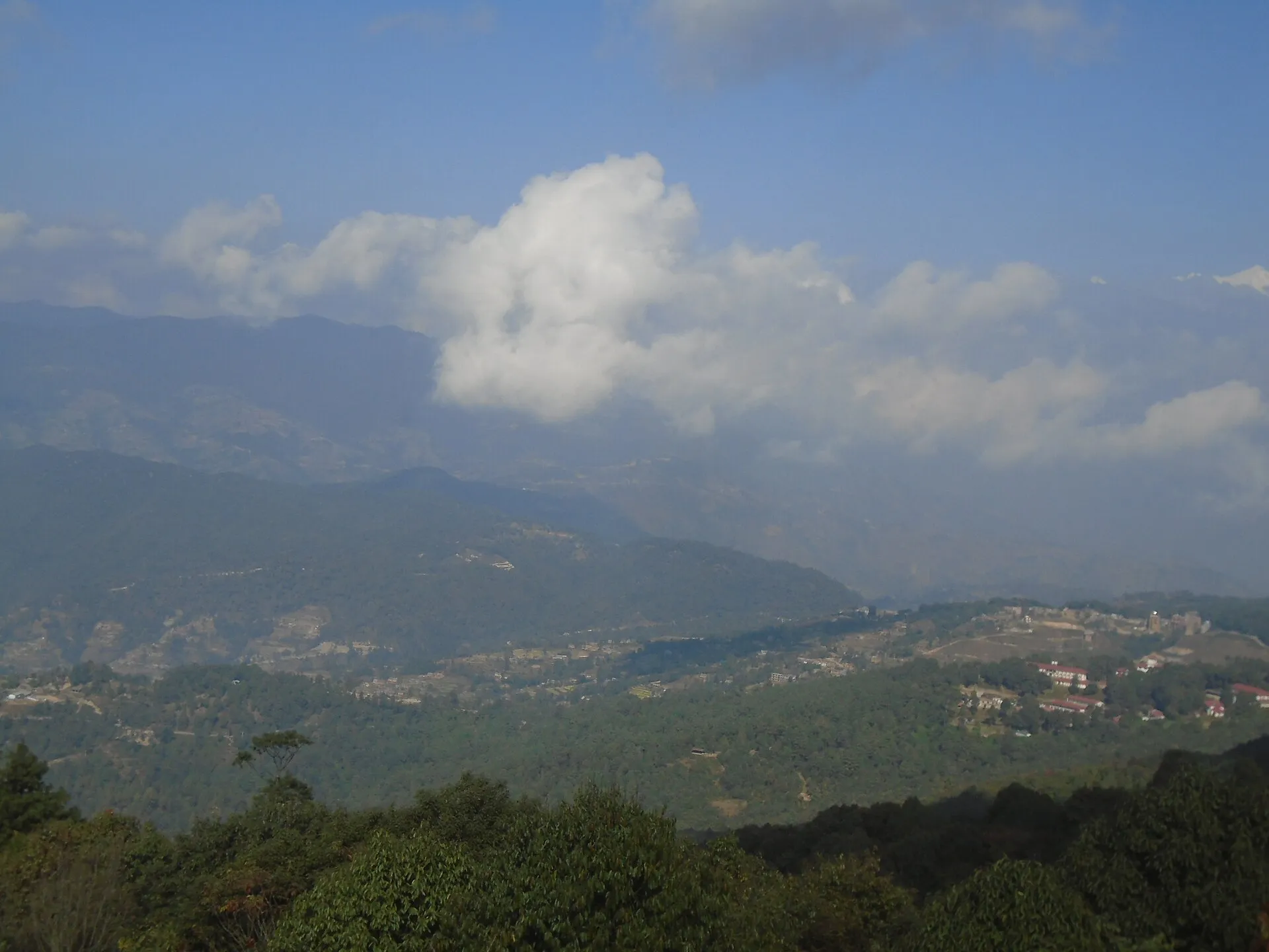 The Kathmandu Valley seen from a hilltop view tower with the Himalaya beyond, Nepal