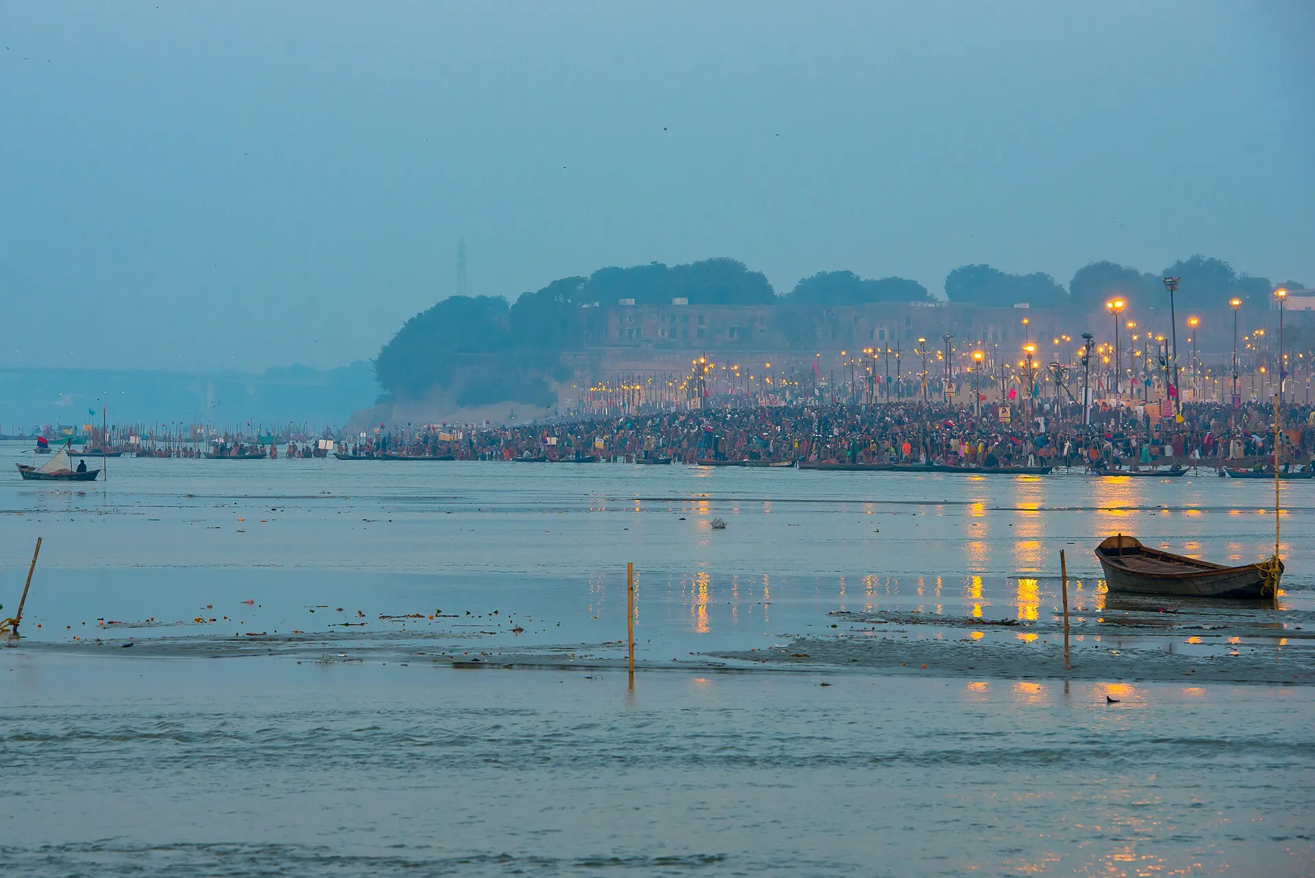Vast crowds of pilgrims gathered at the river confluence during the Kumbh Mela