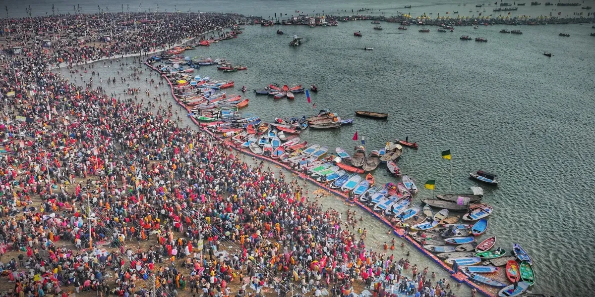 Vast crowds of pilgrims gathered at the river confluence during the Kumbh Mela