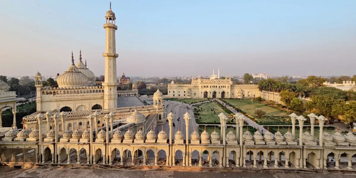 The grand arched facade of the Bara Imambara in Lucknow