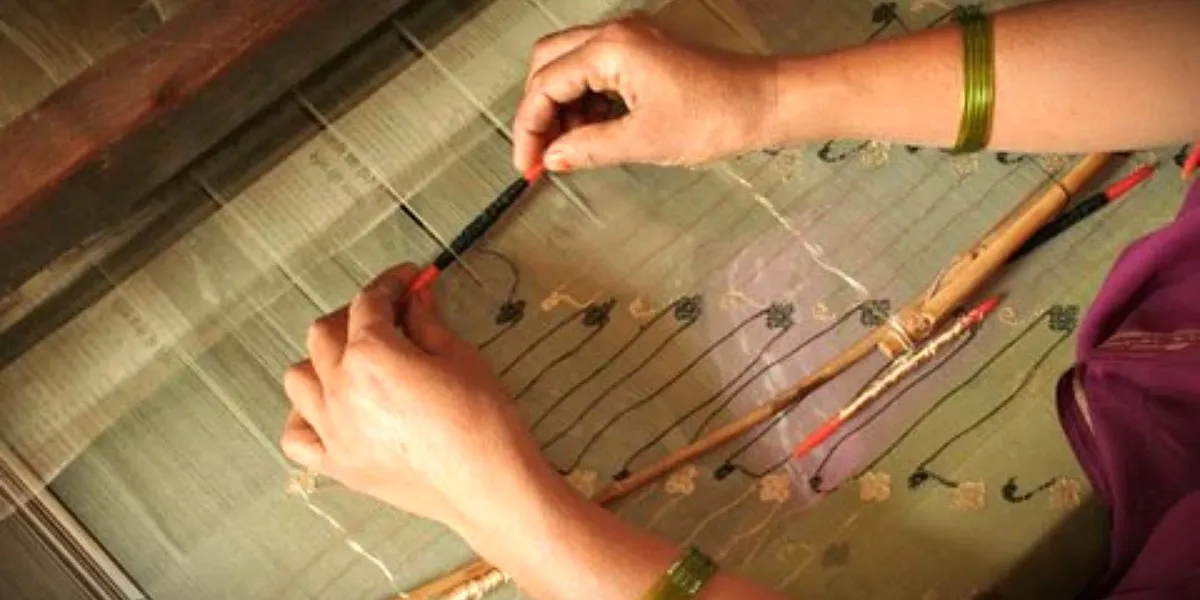Finely woven Chanderi silk fabric showing its traditional patterning
