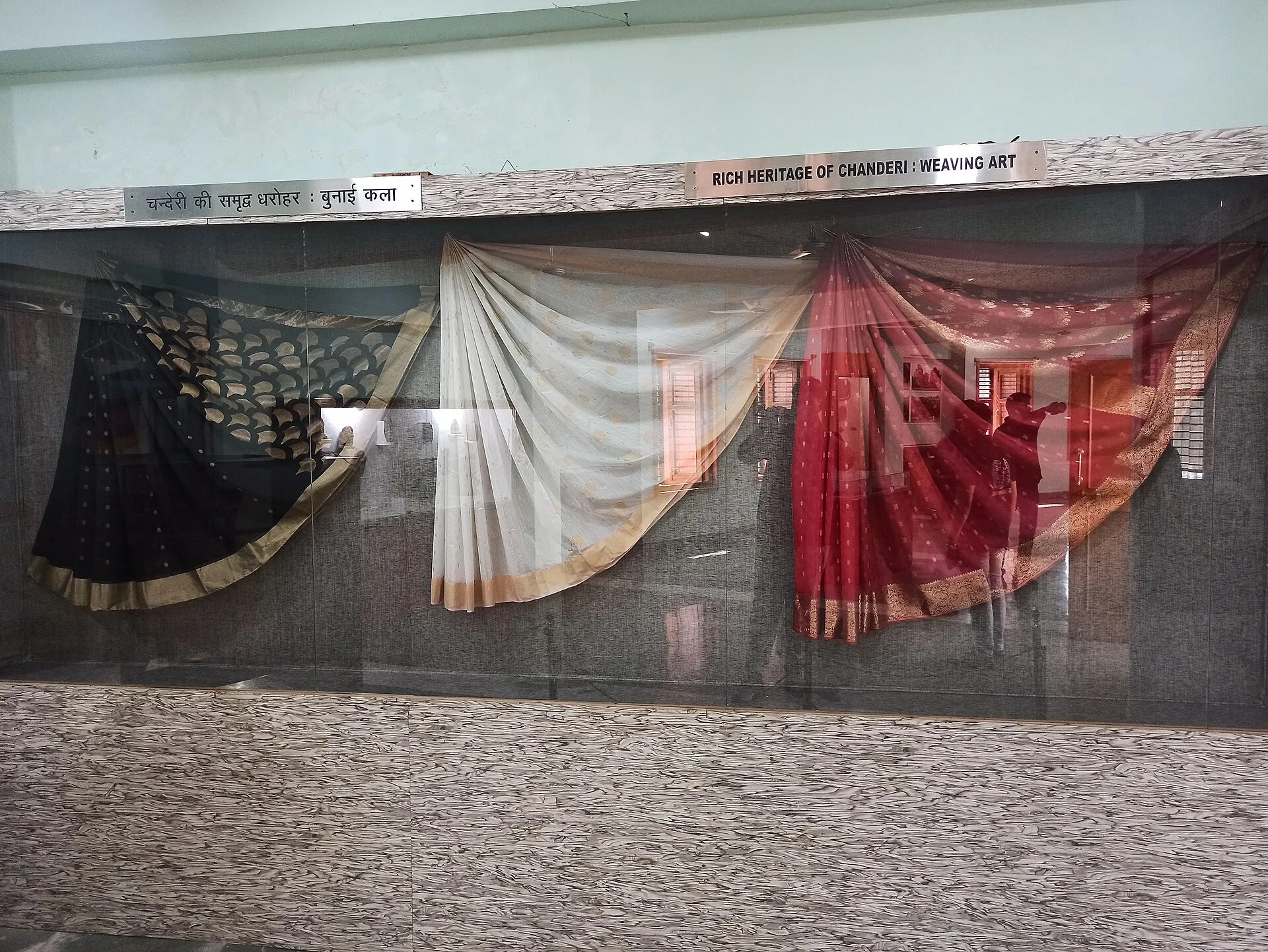 Finely woven Chanderi silk fabric showing its traditional patterning