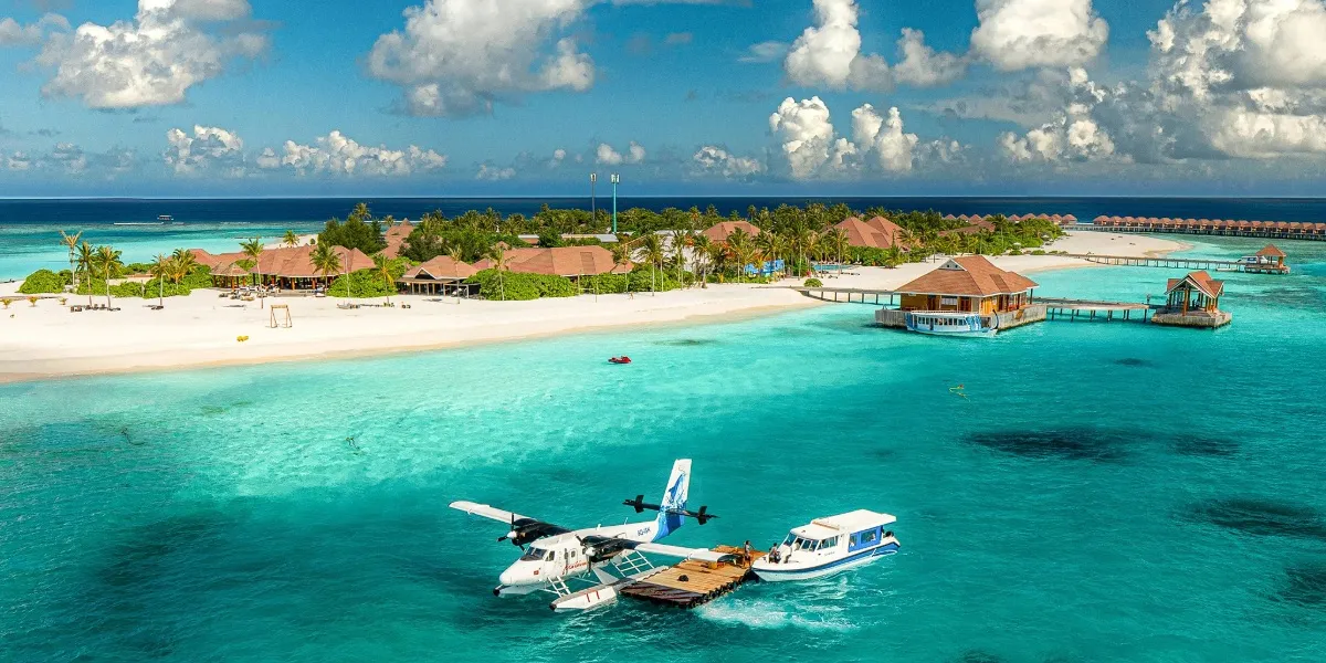 An aerial view of the densely built capital island of Malé in the Maldives