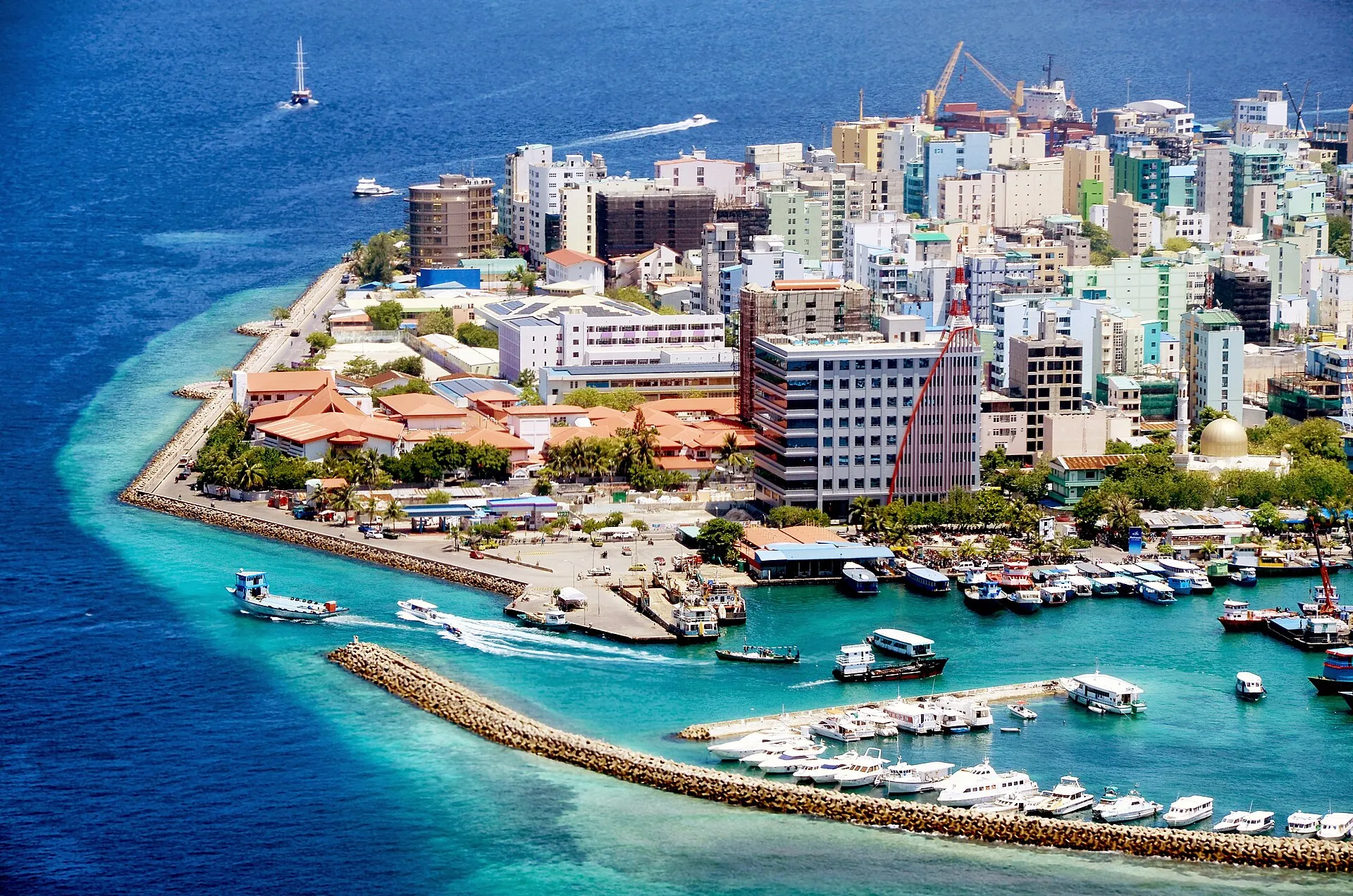 An aerial view of the densely built capital island of Malé in the Maldives