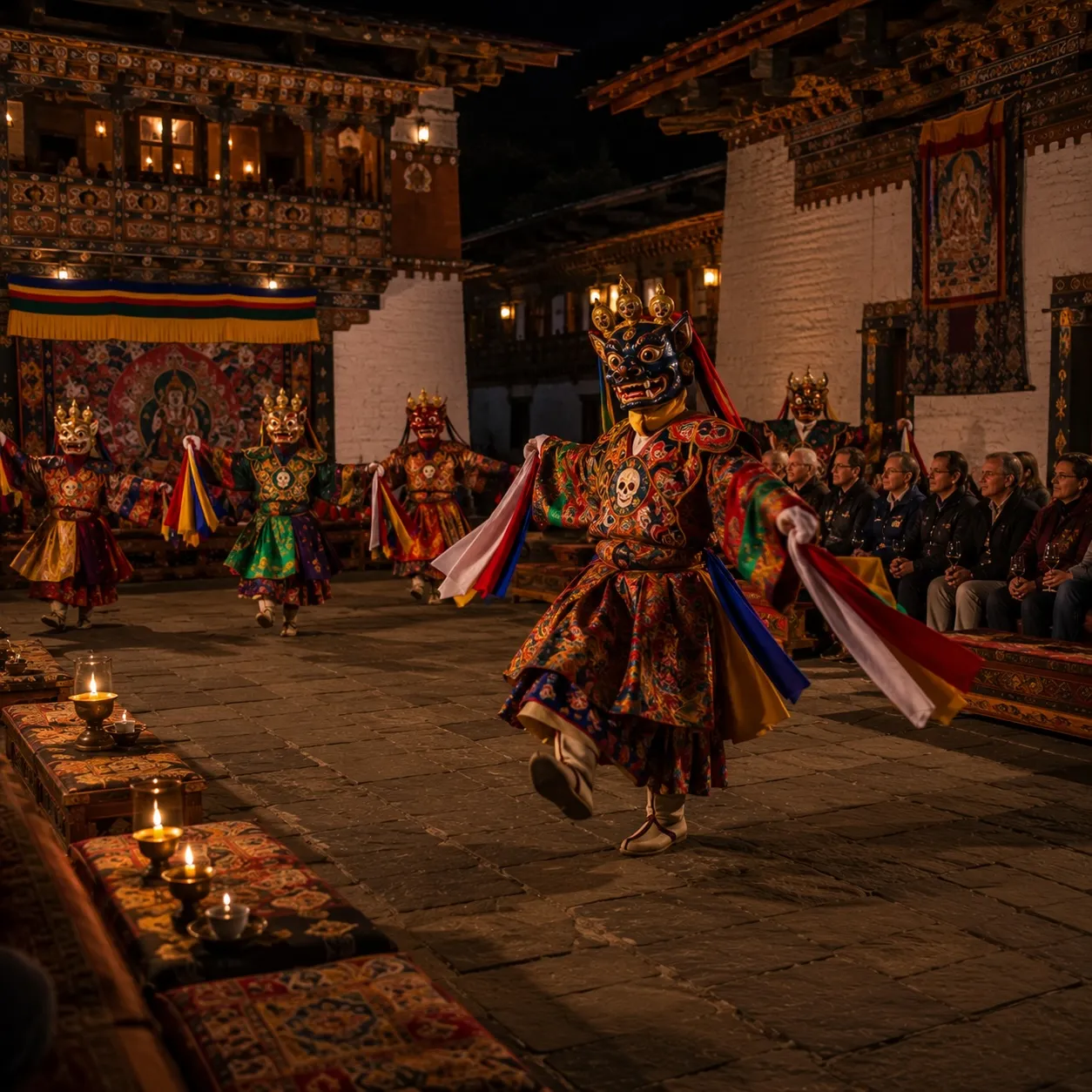 A masked cham dancer in full ceremonial costume mid-performance