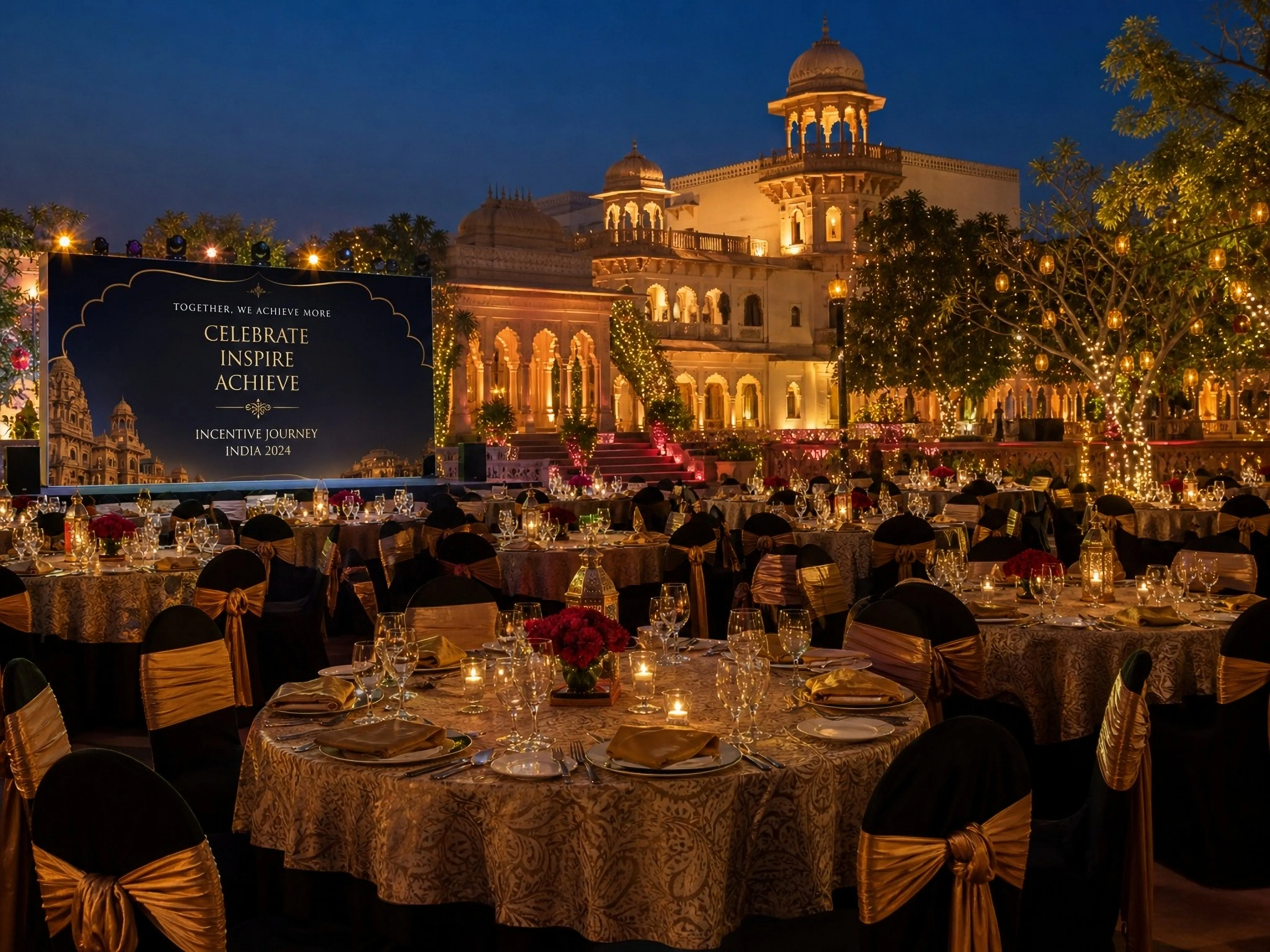 A gala dinner laid out at night before an illuminated palace façade, with a stage and screen