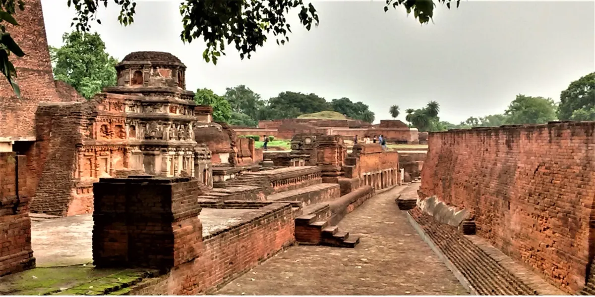 The brick Sariputta Stupa among the ruins of Nalanda Mahavihara