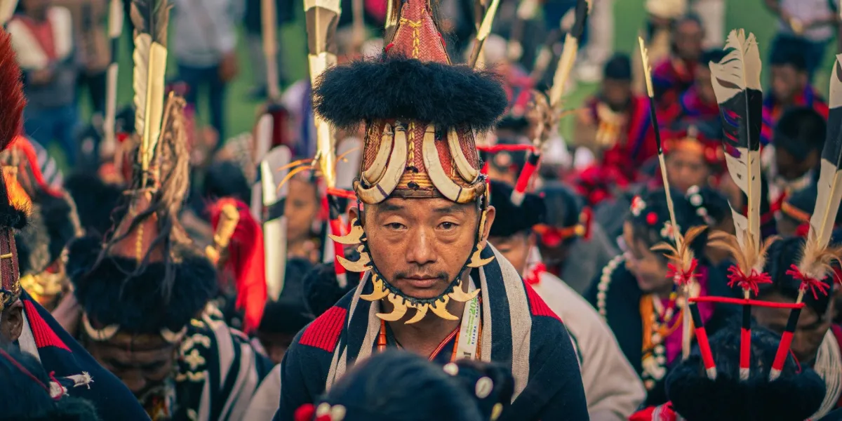 Naga tribal dancers in traditional dress at the Hornbill Festival, Nagaland