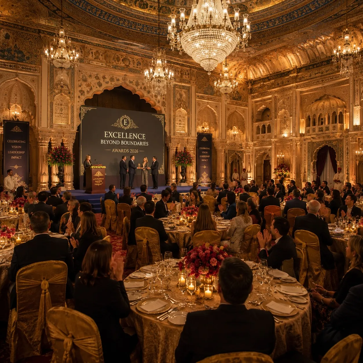 An awards ceremony staged inside an ornate palace ballroom