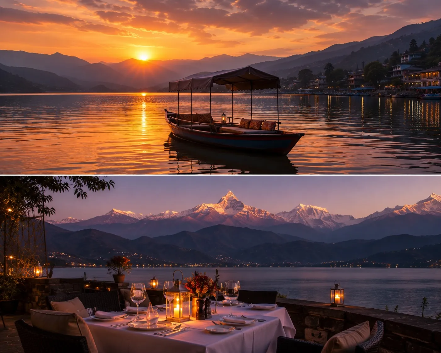 Boats on Phewa Lake at Pokhara at sunset, with the Annapurna range beyond