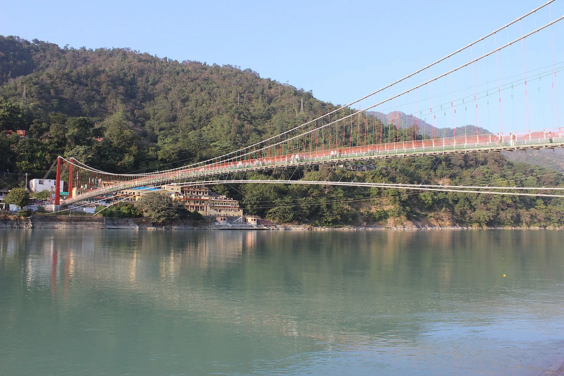 The Lakshman Jhula suspension bridge over the Ganges at Rishikesh, Uttarakhand