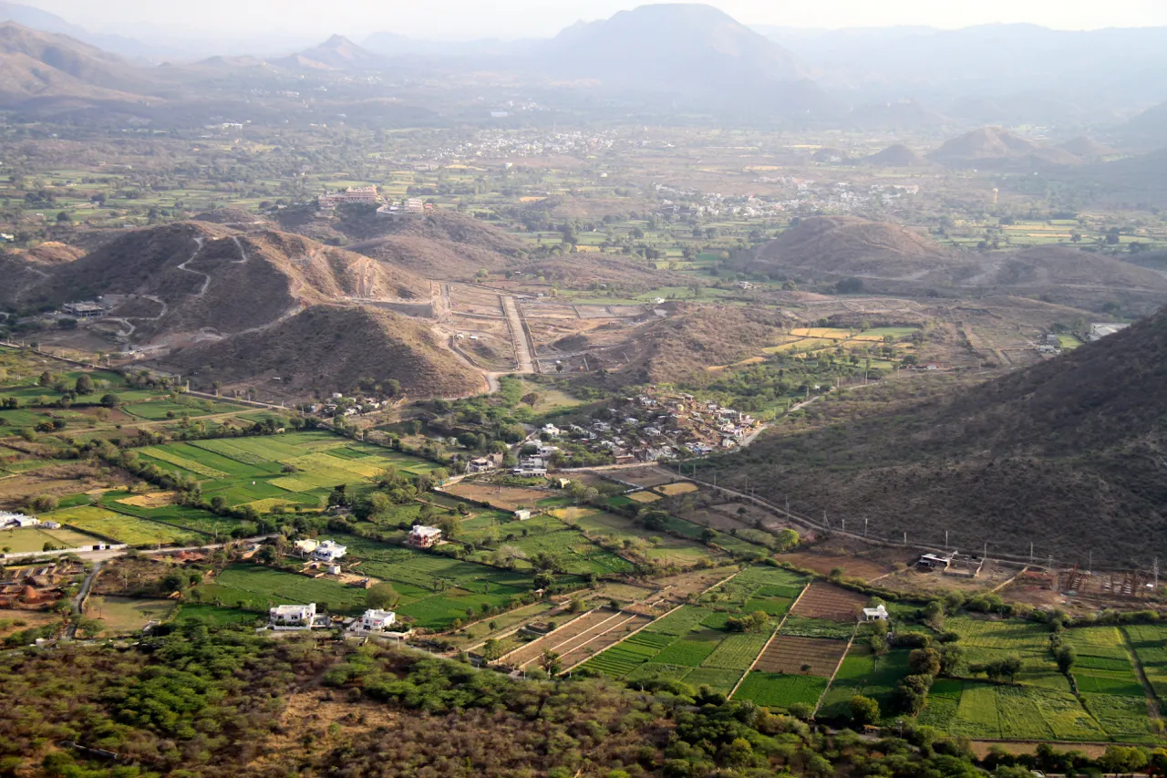Villages and farmland set among the Aravalli Hills of southern Rajasthan
