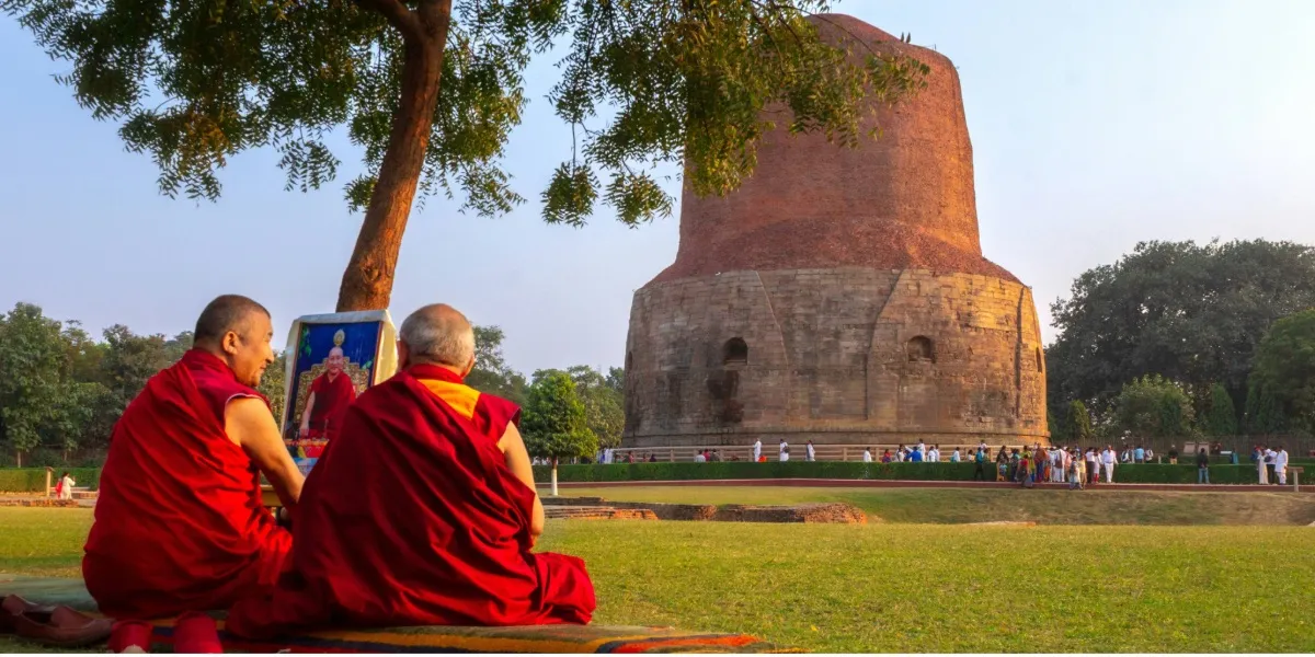 Monastery ruins surrounding the Dhamek Stupa at Sarnath