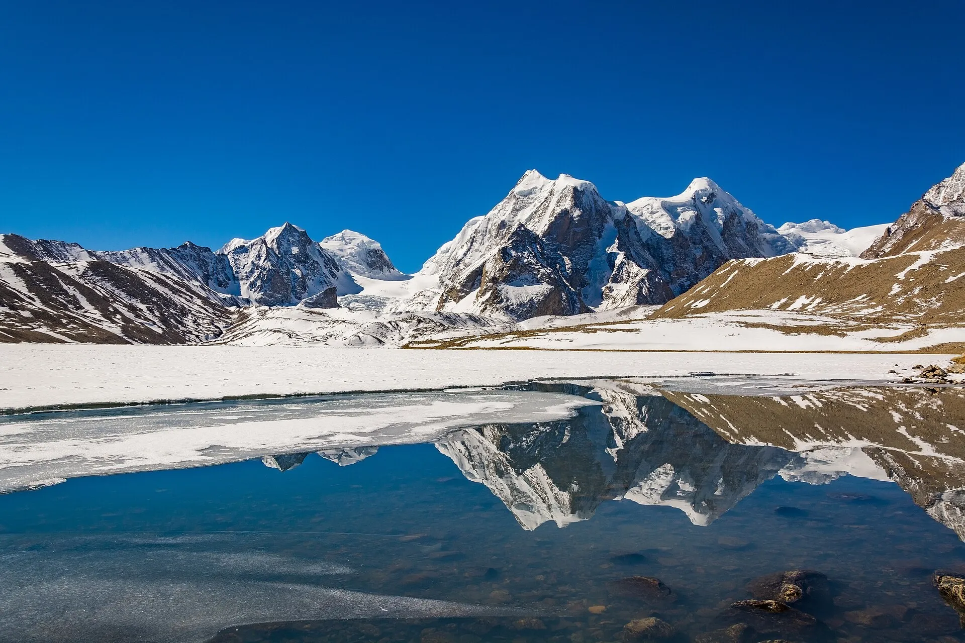 The high-altitude Gurudongmar Lake set among bare mountains in northern Sikkim