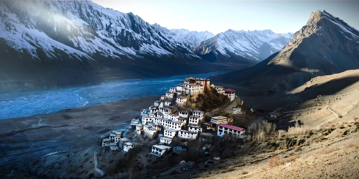 Terraced fields of Pin Valley below snow-capped Spiti peaks