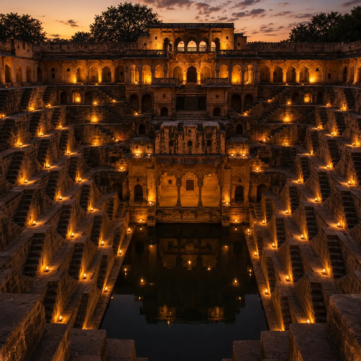 The stepped geometry of an ancient Indian stepwell lit at dusk