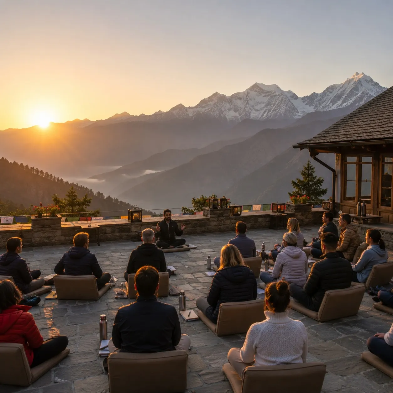 A leadership session gathered at sunrise before a Himalayan horizon