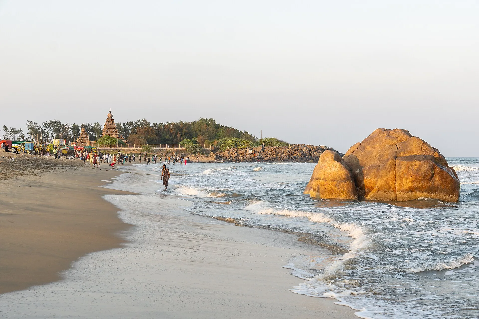 The stone Shore Temple at Mahabalipuram standing beside the sea in Tamil Nadu